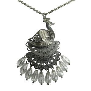 Peacock Silver Tone Pendant Chandelier Necklace Dangle Beaded Plus Size Friendly